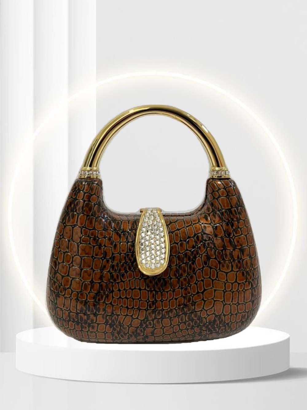 Isabella Adams Gold-Handled Brown Croc-Embossed Mini Bag with Crystal Clasp New